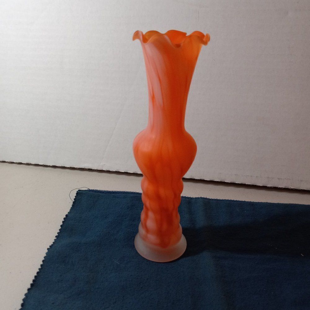 Vintage Orange Splatter Glass Bulbous Center Scalloped Lip Vase Cottagecore